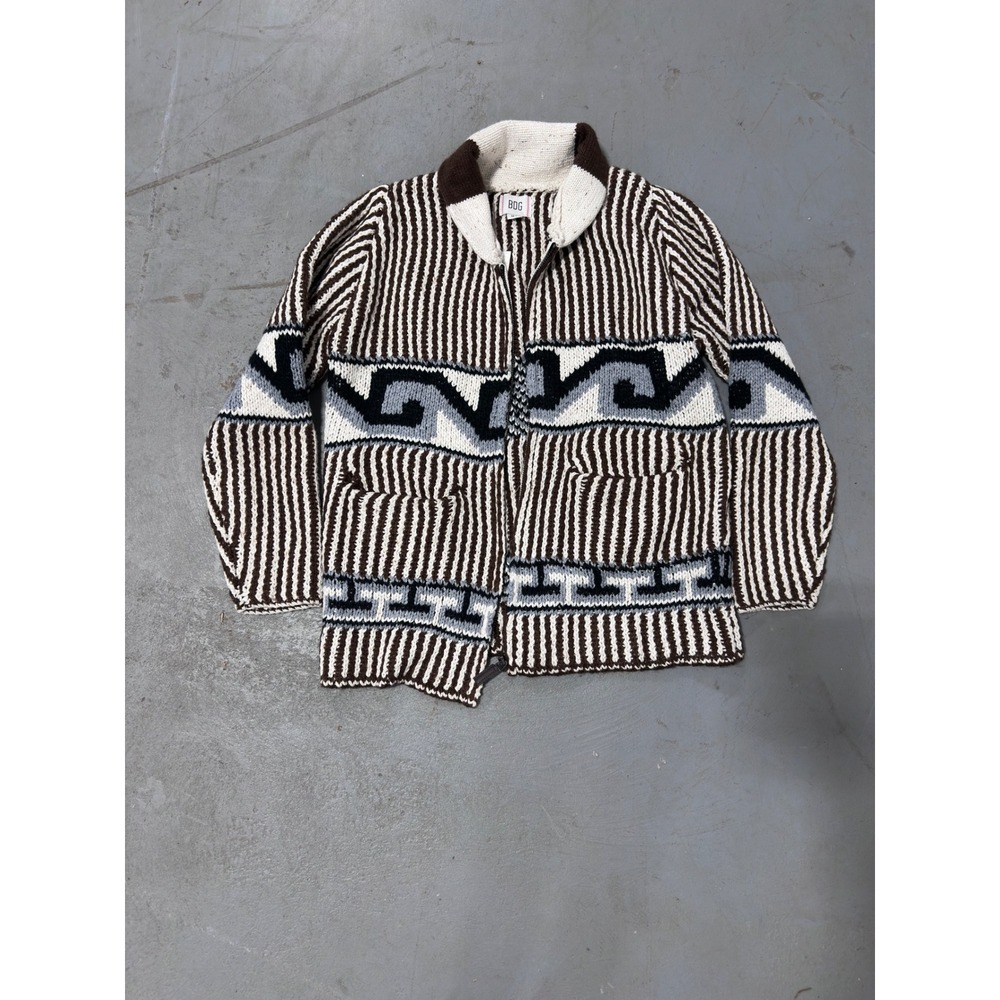 BDG Urban Outfitters Brown Motif Geometric Zip Up Shawl Cardigan Sweater Mens M - Picture 2 of 6